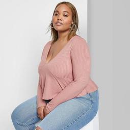 Women's Plus Size Long Sleeve V-Neck Top - Wild Fable™ Pink 