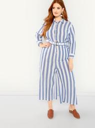 Plus Self Belted Striped Shirt Jumpsuit