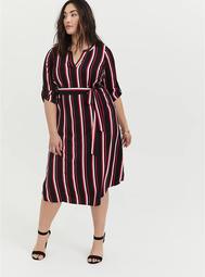 Black & Fuchsia Pink Stripe Challis Self-Tie Midi Dress