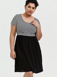 Black & White Stripe Knit-to-Woven Mini Skater Dress