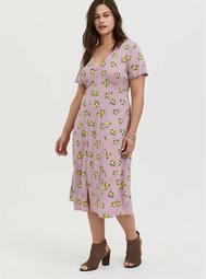 Mauve Pink Lemon Print Challis Button Midi Dress