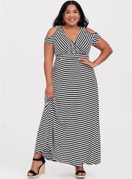 Black & White Stripe Jersey Cold Shoulder Maxi Dress