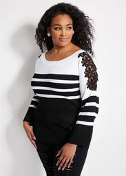Stripe Lace Flare Sleeve Sweater