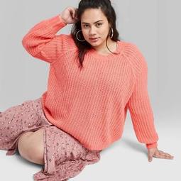Women's Plus Size Crewneck Raglan Sweater - Wild Fable™ Coral