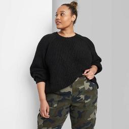 Women's Plus Size Crewneck Raglan Sweater - Wild Fable™ Black