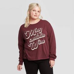 Women's Plus Size May Contain Wine Long Sleeve Graphic T-Shirt - Zoe+Liv - Burgundy