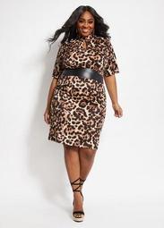 Leopard Leather Trim Keyhole Dress