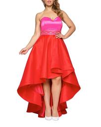 Plus Size Strapless Colorblock High-Low Gown w/ Embellished Waist