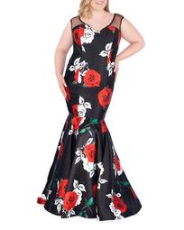 Plus Size Multi Floral-Print Sleeveless Trumpet Gown w/ Zip-Off Skirt
