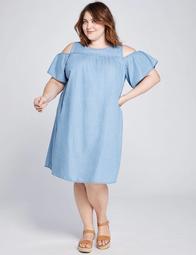 Chambray Cold-Shoulder Swing Dress