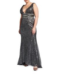 Plus Size Sequined V-Neck Column Gown
