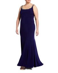 Plus Size Beaded Scoop-Neck Sleeveless Jersey Gown with Corset Back