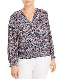 Plus Printed V-Neck Button Top