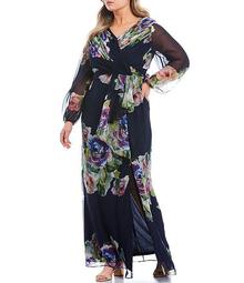 Plus Size Chiffon Floral Print Long Sleeve Side Slit Maxi Dress