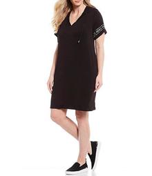 MICHAEL Michael Kors Plus Size Stretch Knit Jersey Logo Sleeve Trim Hoodie Dress