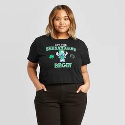 Women's Disney St. Patrick's Day Stitch Shenanigan Plus Size Short Sleeve Cropped T-Shirt (Juniors') - Black
