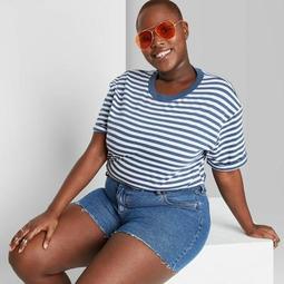 Women's Plus Size Striped Rolled Short Sleeve Cropped T-Shirt - Wild Fable™ Blue