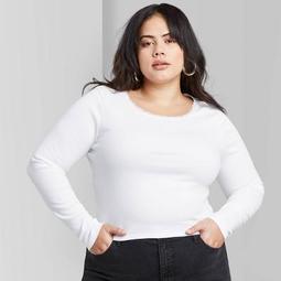 Women's Plus Size Long Sleeve Crewneck Lace Trim T-shirt - Wild Fable™ White