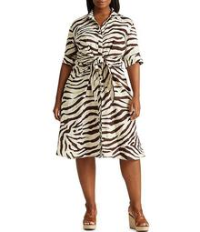 Plus Size Dip-Dye Zebra Print Stretch Woven Elbow Sleeve Tie Waist Shirt Dress