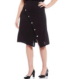 Plus Size Stretch Crepe Asymmetrical Button Trim Skirt