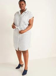 Linen-Blend Cinch-Tie No-Peek Plus-Size Shirt Dress