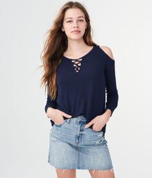 Long Sleeve Lace-Up Cold-Shoulder Top