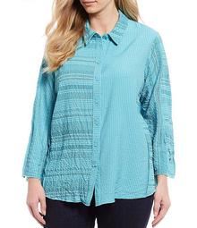 Plus Size Mixed Stripe Crinkle Button Front Long Sleeve Blouse