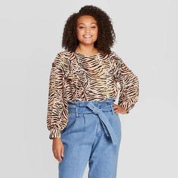 Women's Plus Size Animal Print Long Sleeve Scoop Neck Ruffle Shoulder Blouse - Who What Wear™ Brown