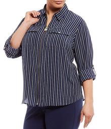 MICHAEL Michael Kors Plus Size Bi-Color Railroad Stripe Print Roll-Tab Long Sleeve Zip-Front Top