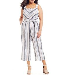 Plus Size Sleeveless Square Neck Striped Linen Wide Leg Cropped Jumpsuit