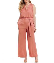 Plus Size Sleeveless Belted Wide Leg Jumpsuit