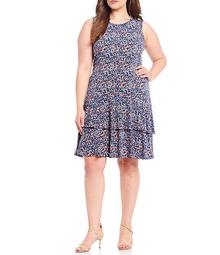 MICHAEL Michael Kors Plus Size Dainty Bloom Print Lux Matte Jersey Tiered Flounce A-Line Sleeveless Dress