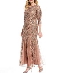 Plus Size Beaded Lace Godet Detail 3/4 Sleeve Gown