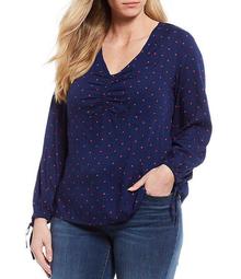 Plus Size Kinsley Heart Print V-Neck Gathered Front Detail Long Sleeve Top