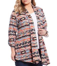Plus Size Multi Print Shawl Banded Collar Open Front Jacket