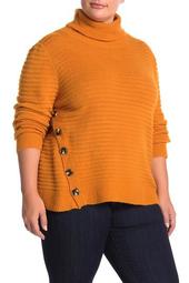 Turtleneck Rib Knit Button Sweater (Plus Size)