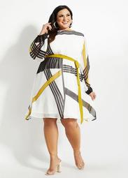 Belted Geo Stripe Chiffon Dress