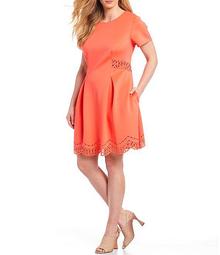 Plus Size Short Sleeve Laser Cut Scallop Hem Fit And Flare Dress