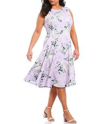 Plus Size Floral A-Line Sleeveless Scuba Midi Dress
