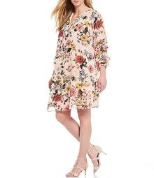 Plus Size Ruched Long Sleeve Floral Print Shift Dress