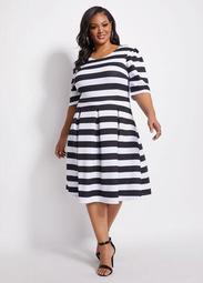 Pleated Stripe A Line Dress