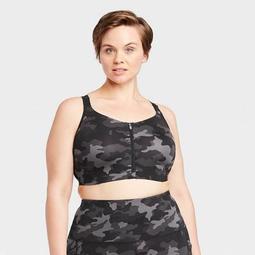 Women's Plus Size Camo Print High Support Zip Front Bra - All in Motion™ Black/Gray