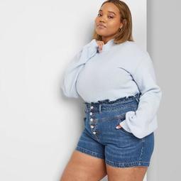 Women's Plus Size High-Rise Button-Front Paperbag Waist Jean Shorts - Wild Fable™ Medium Wash