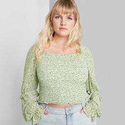 Women's Pus Size Floral Print Long Sleeve Square Neck Smocked Top - Wild Fable™ Green