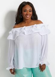 Pleat Ruffle Off-The-Shoulder Top