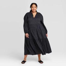 Women's Plus Size Polka Dot Long Sleeve Deep Tiered Flowy Dress - Who What Wear™