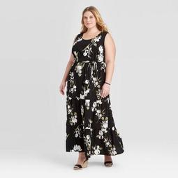 Women's Plus Size Floral Print Sleeveless Tiered Maxi Dress - Ava & Viv™ Black 