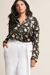 Plus Size Satin Floral Pajama-Inspired Shirt