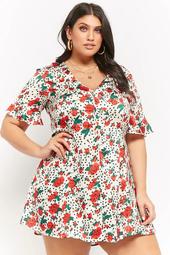 Plus Size Floral Polka Dot Shirt Dress