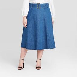 Women's Plus Size Belted Swing A-Line Midi Skirt - Who What Wear™ Wild Blue